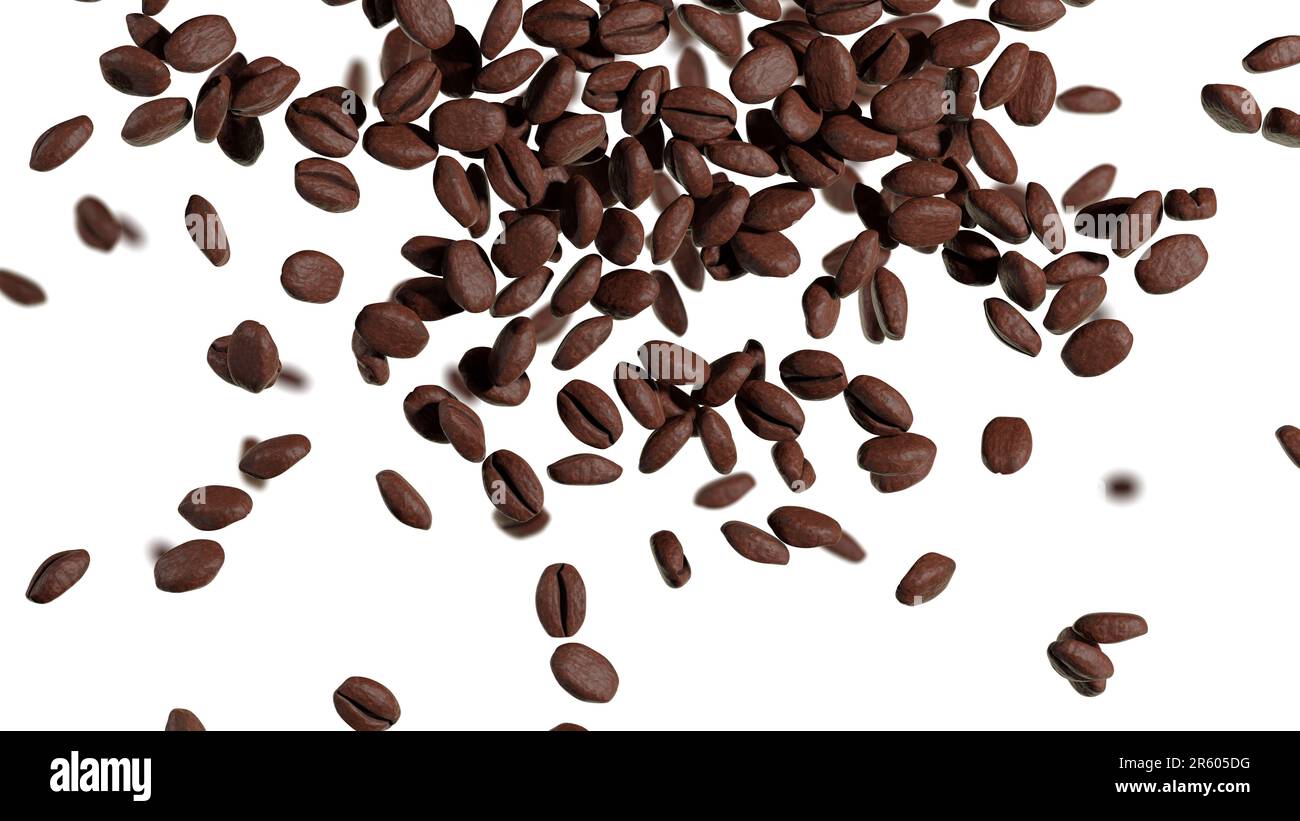 Coffee beans are falling on a white background. Roasted cocoa Beans. 3d