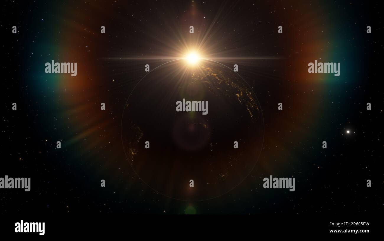 Planet Earth dawn sunset from space. Silhouette planet earth in rays of sun against background of space stars and galaxies 3D render Stock Photo