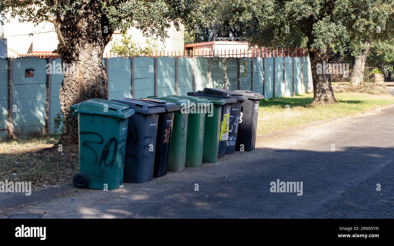 Johannesburg, South Africa residential refuse bins lines up to be