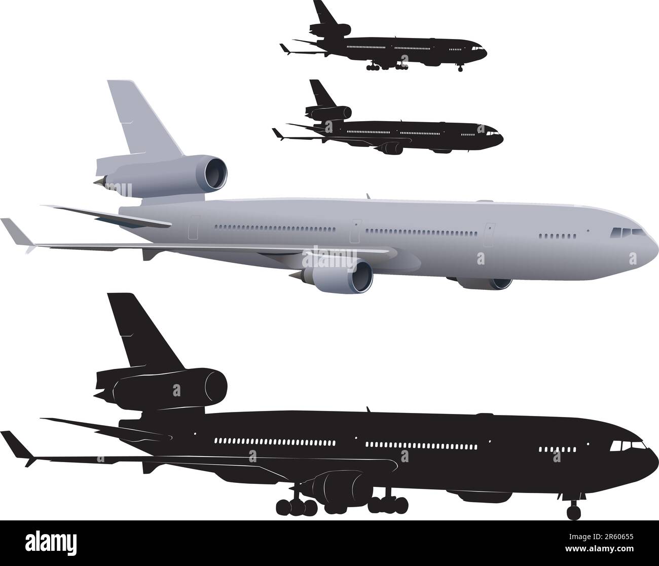 Vector illustration of three-engine passenger airliner McDonnell Douglas MD-11 Stock Vector