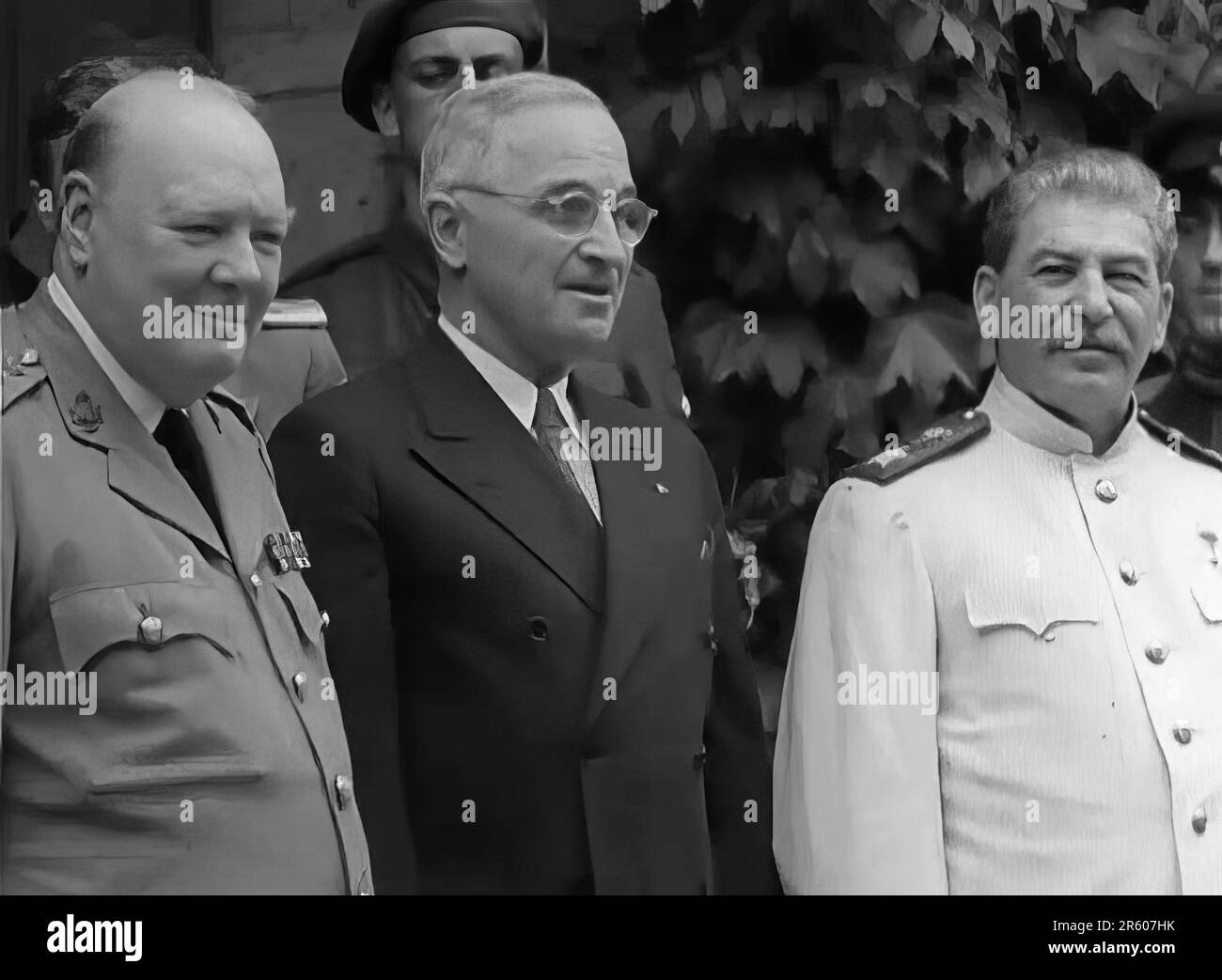 1945 - Potsdam Conference British Prime Minister Winston Churchill, President Harry S. Truman, and Stalin for the Soviet Union. Stock Photo