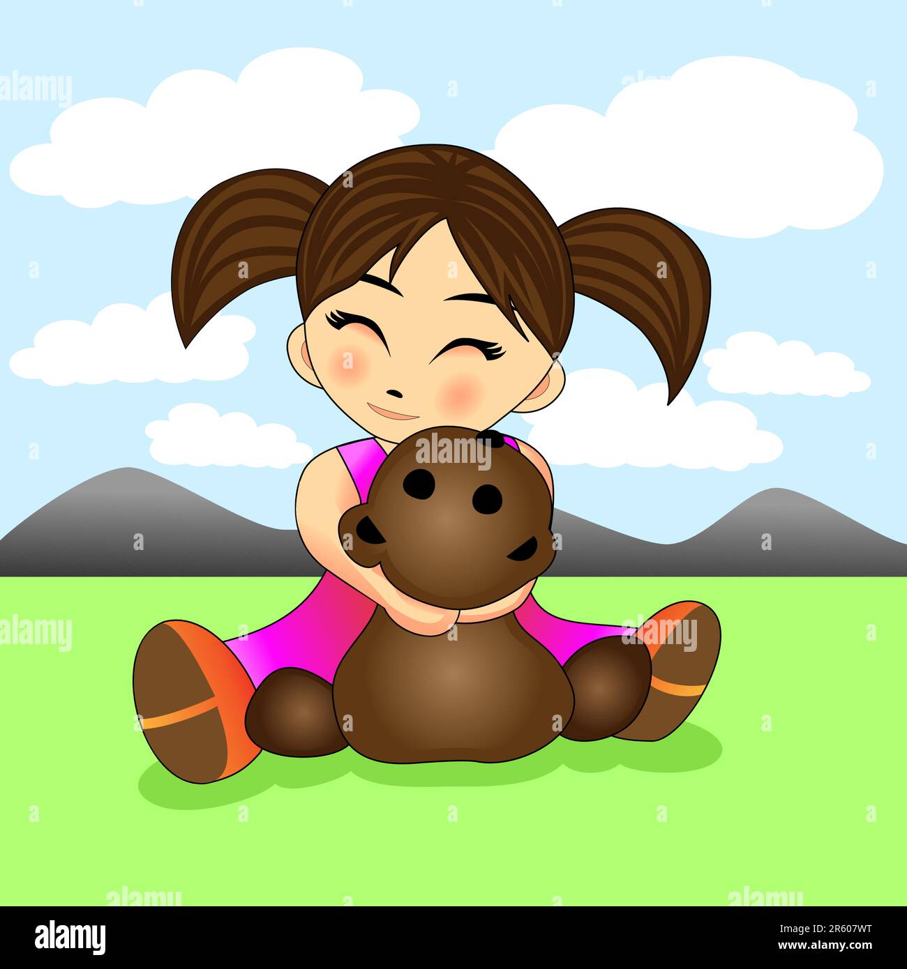 vector illustration of a cute little girl hugging a teddy bear Stock ...