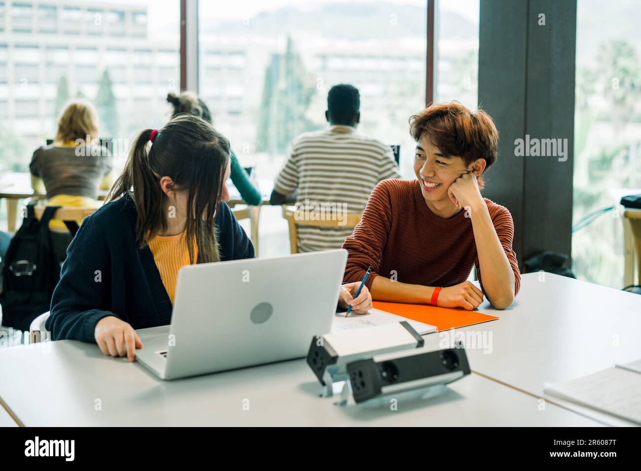 Diverse students sitting at table with laptop Stock Photo