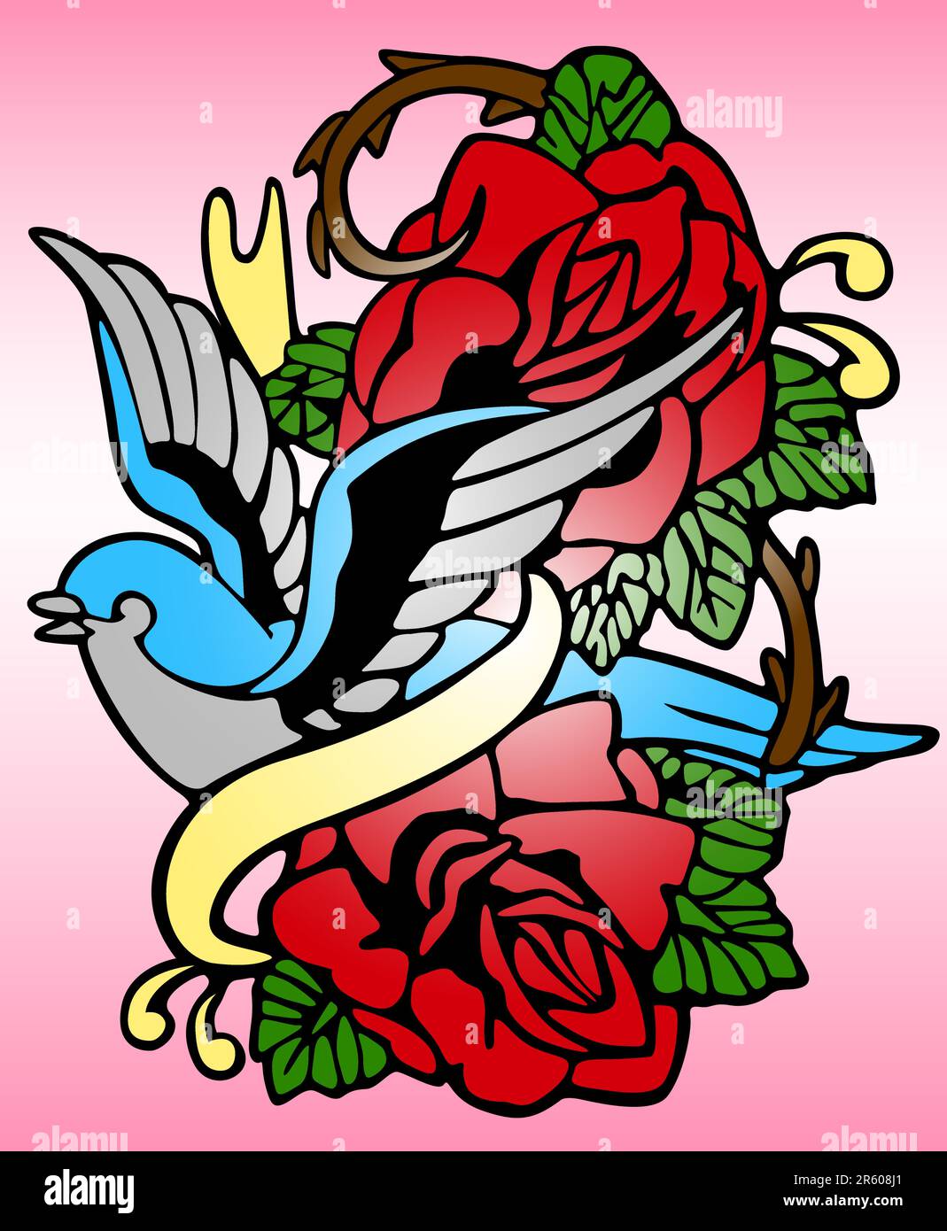 flying swallow with rose portrait Stock Vector