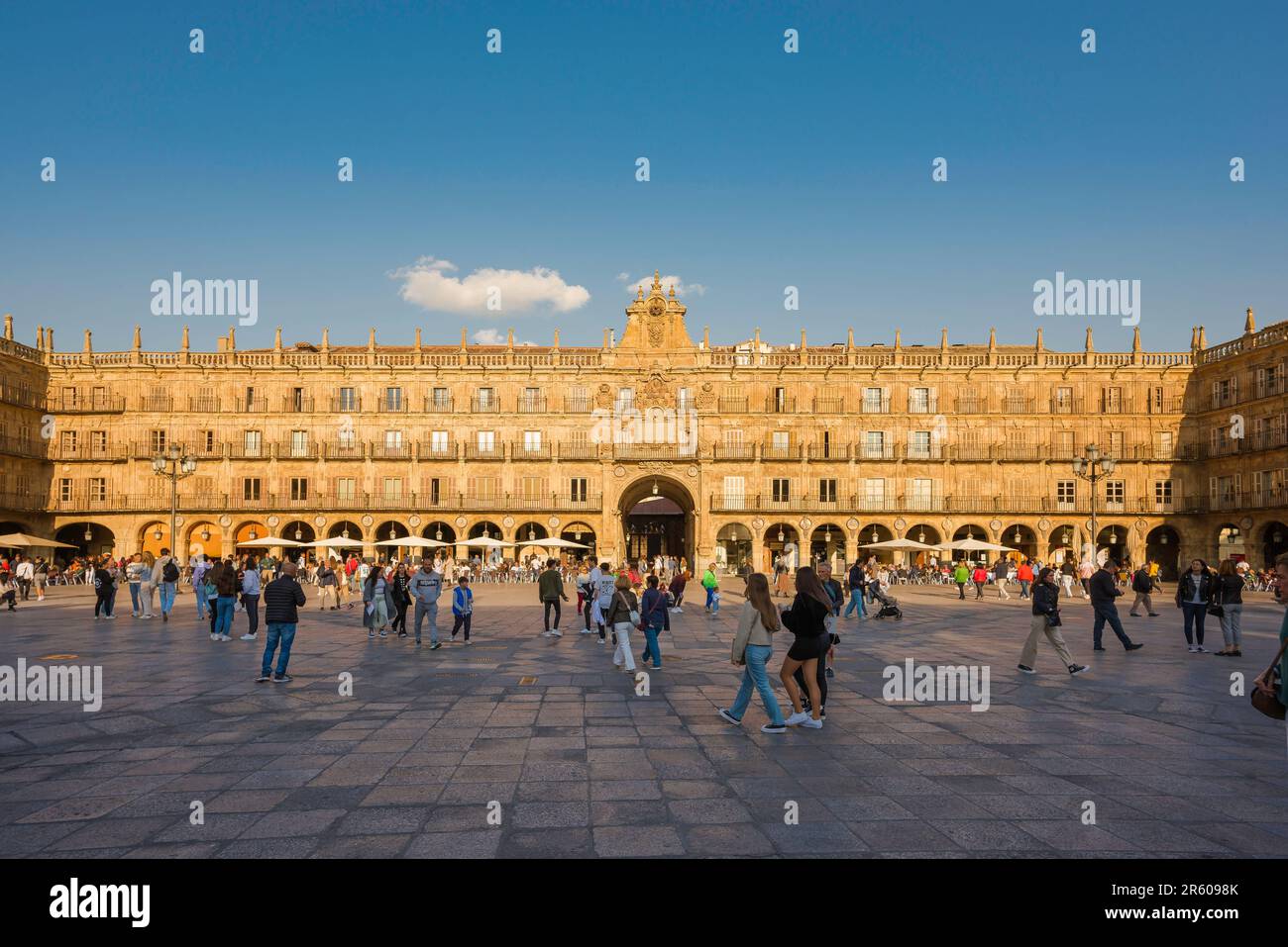 Salamanca Spain, view in summer of people walking at sunset in the Plaza Mayor in the historic Spanish city of Salamanca, Castilla Y Leon, Spain Stock Photo