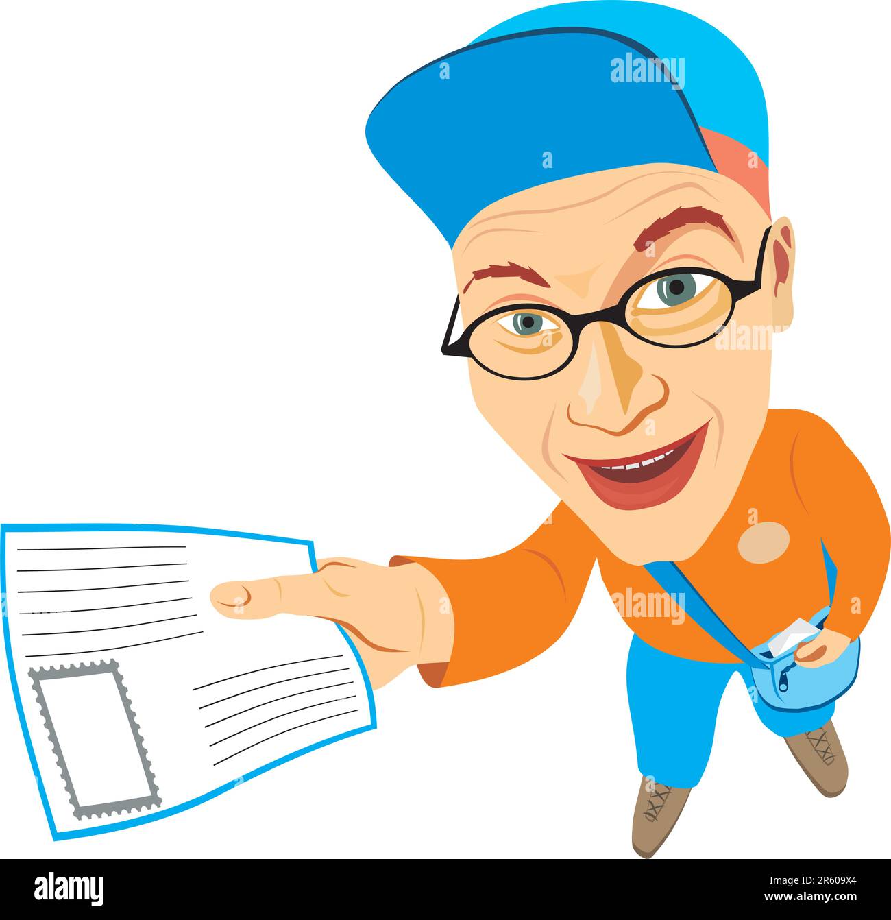 Cheerful mailman holding a letter in his hand. Vector illustration Stock Vector