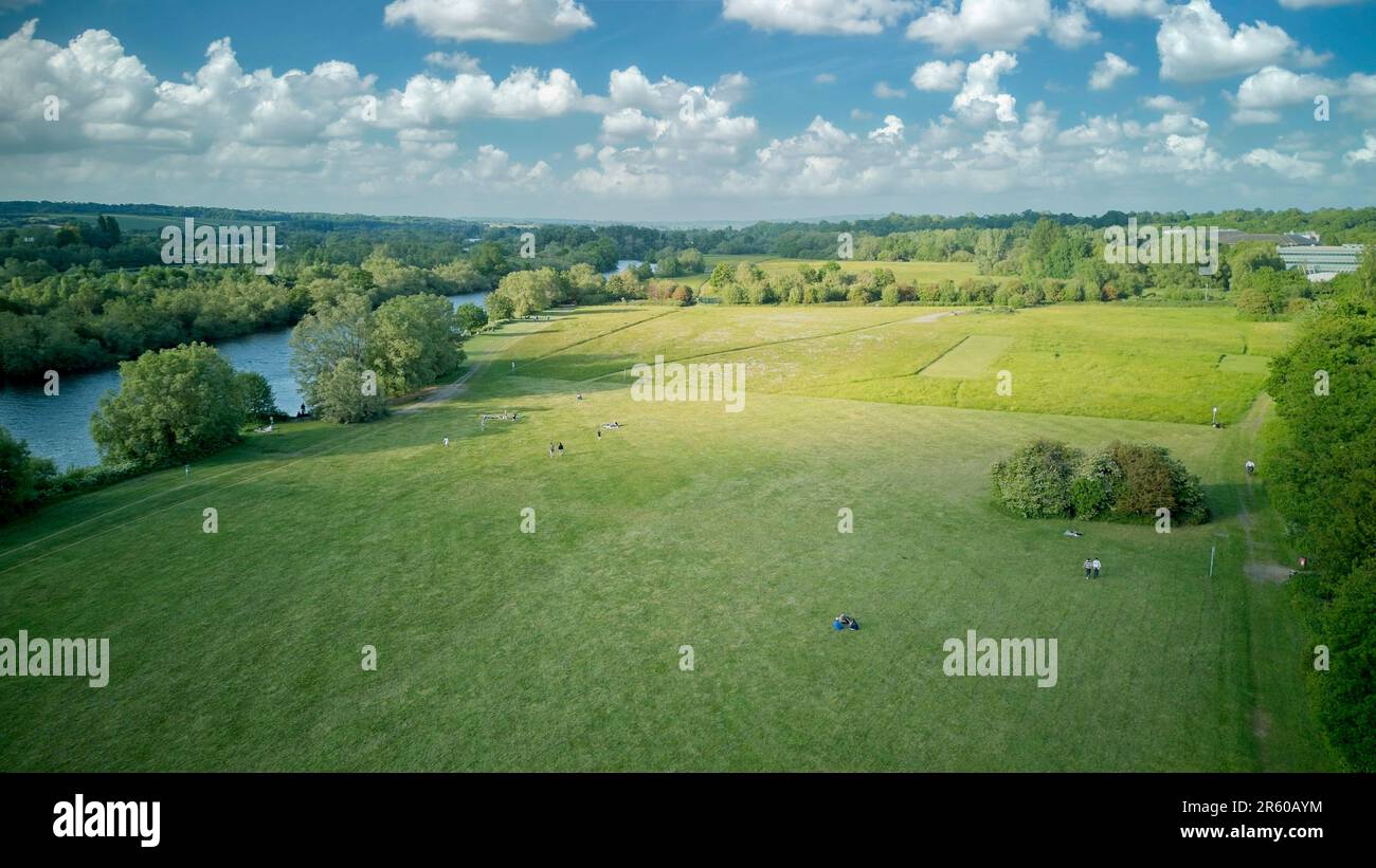 An aerial view along the Thames river by Thames Valley Park heading into Reading, United Kingdom - 03.06.2023 Stock Photo
