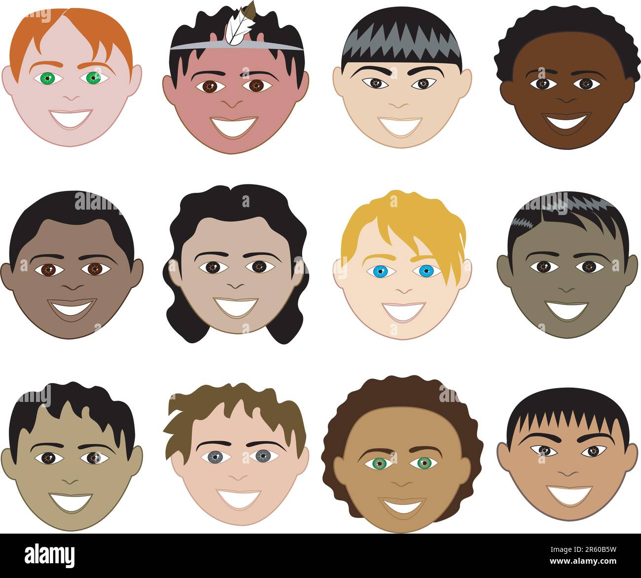 12 Boys Faces 2 with colorful background or plain and with men, women, children and girls. Stock Vector