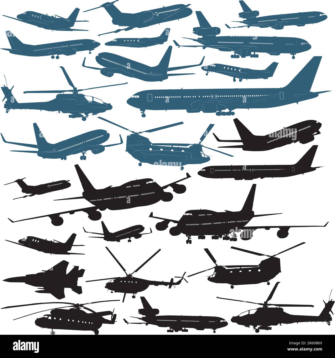 Vector illustrations of passenger airliners, millitary chopters Stock Vector