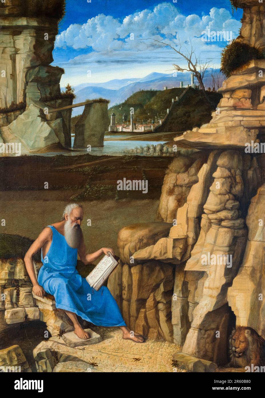 Giovanni Bellini, Saint Jerome reading in a landscape, painting in oil on panel, 1480-1485 Stock Photo
