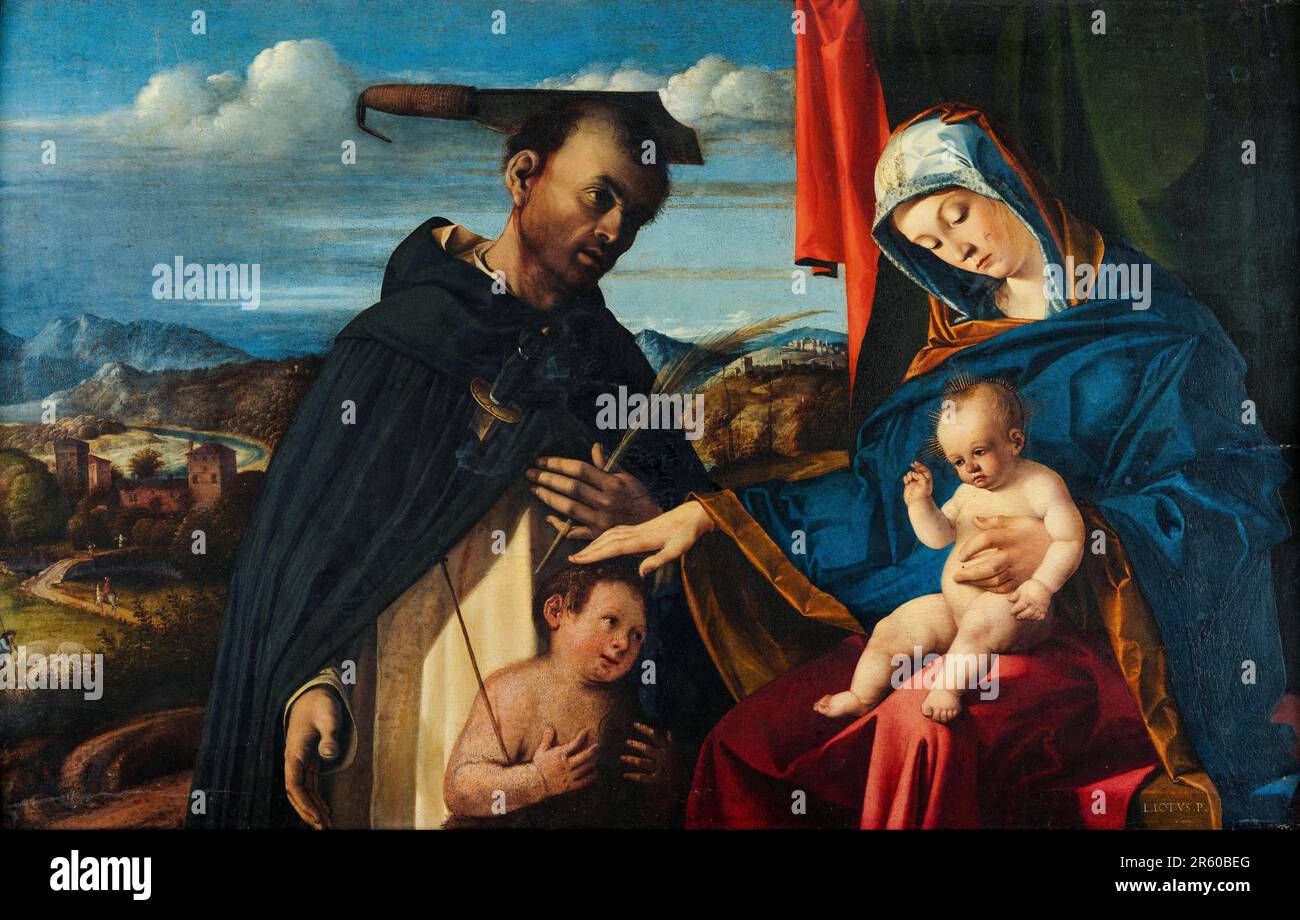 Madonna and Child with the young St John the Baptist and St Peter Martyr, painting in oil on panel by Lorenzo Lotto, 1503 Stock Photo