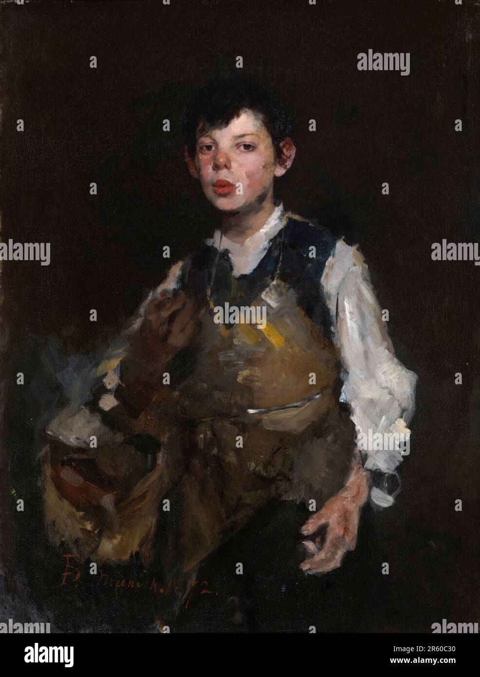 Frank Duveneck, The Whistling Boy, portrait painting in oil on canvas, 1872 Stock Photo