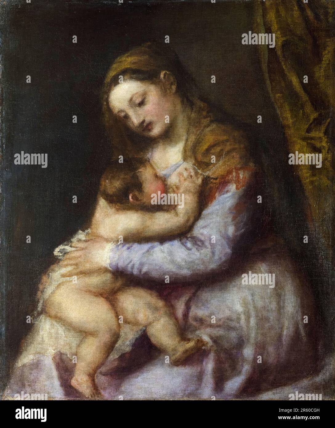 Titian, Tiziano Vecellio, The Virgin suckling the Infant Christ, painting in oil on canvas, 1565-1575 Stock Photo
