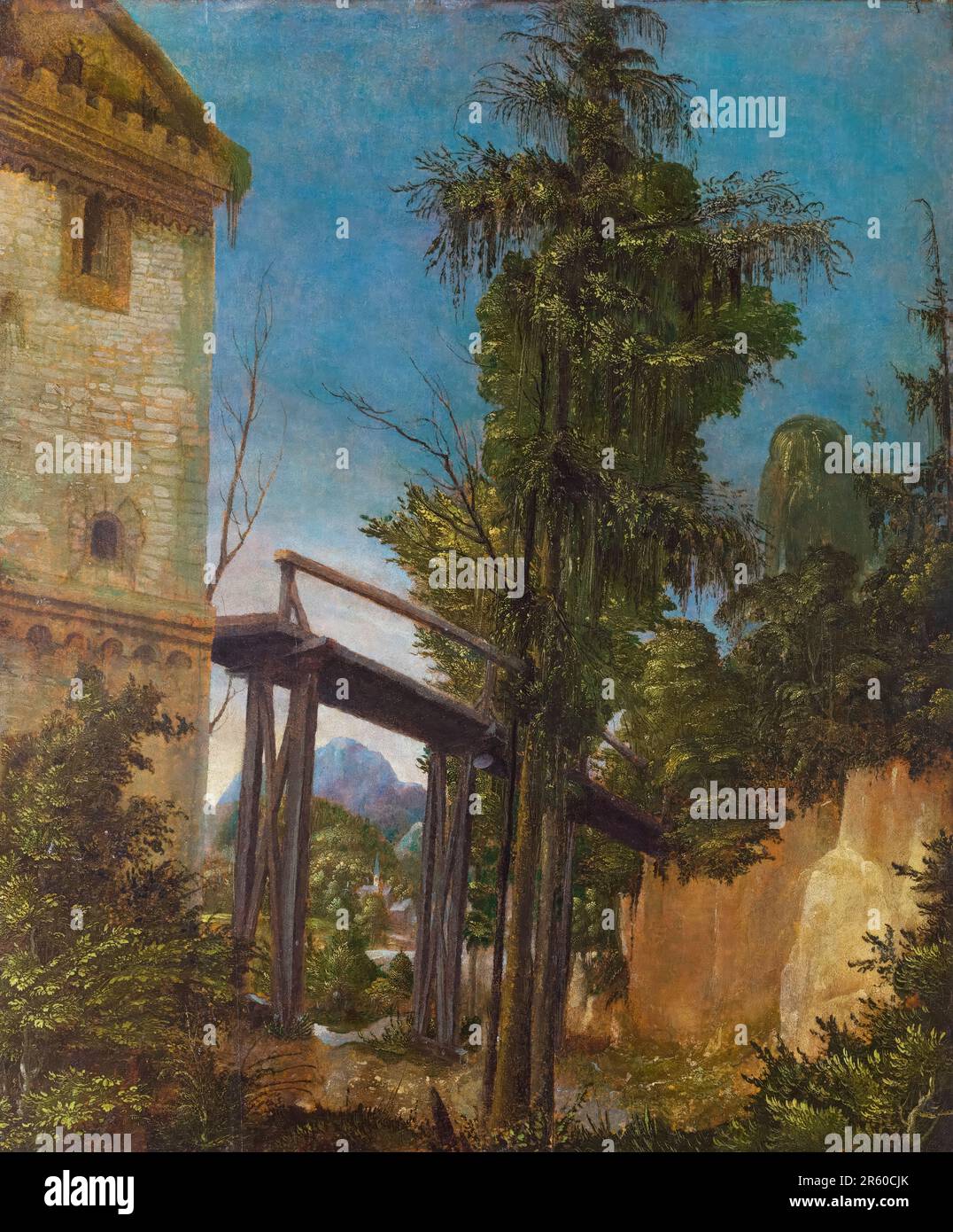 Albrecht Altdorfer, Landscape with a Footbridge, painting in oil on vellum mounted on wood, 1518
