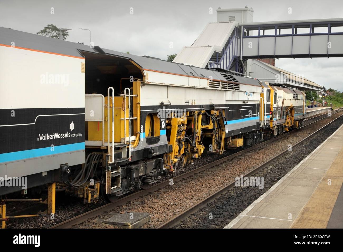 Volker Rail Matisa Tampers DR75303 and DR75405 passing through Scunthorpe with the 6J31 0857 Sleaford - Scunthorpe infrastructure service on 6/6/23. Stock Photo