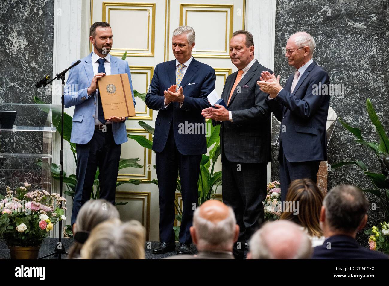 Brussels, Belgium. 06th June, 2023. Philippe Lemey (L), King Philippe - Filip of Belgium (2L) and Herman Van Rompuy (R) pictured during a ceremony to award the 'Francqui-Collen Prize' scientific awards for 2023, Tuesday 06 June 2023 in Brussels. The scientific prize, which is often referred to as the 'Belgian Nobel Prize', is awarded by The Francqui Foundation and is worth 250.000 euros. BELGA PHOTO JASPER JACOBS Credit: Belga News Agency/Alamy Live News Stock Photo
