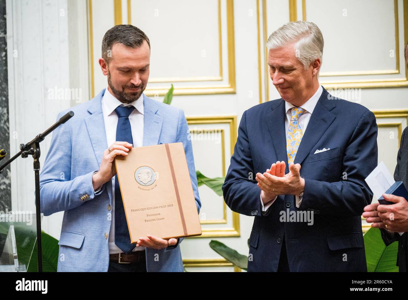 Brussels, Belgium. 06th June, 2023. Philippe Lemey and King Philippe - Filip of Belgium pictured during a ceremony to award the 'Francqui-Collen Prize' scientific awards for 2023, Tuesday 06 June 2023 in Brussels. The scientific prize, which is often referred to as the 'Belgian Nobel Prize', is awarded by The Francqui Foundation and is worth 250.000 euros. BELGA PHOTO JASPER JACOBS Credit: Belga News Agency/Alamy Live News Stock Photo