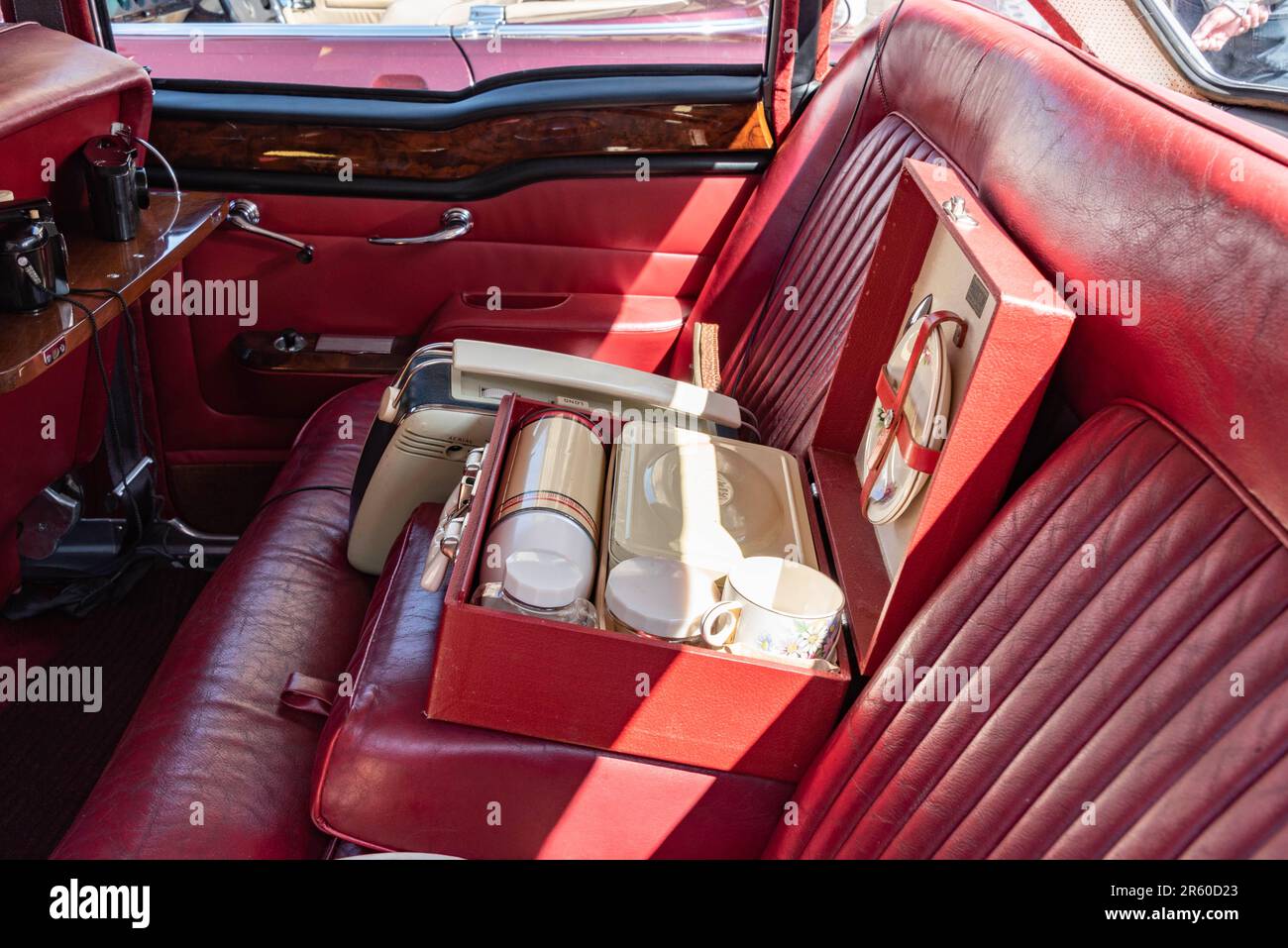 Picnic Hamper on rear seat of Humber Super Snipe classic car Stock