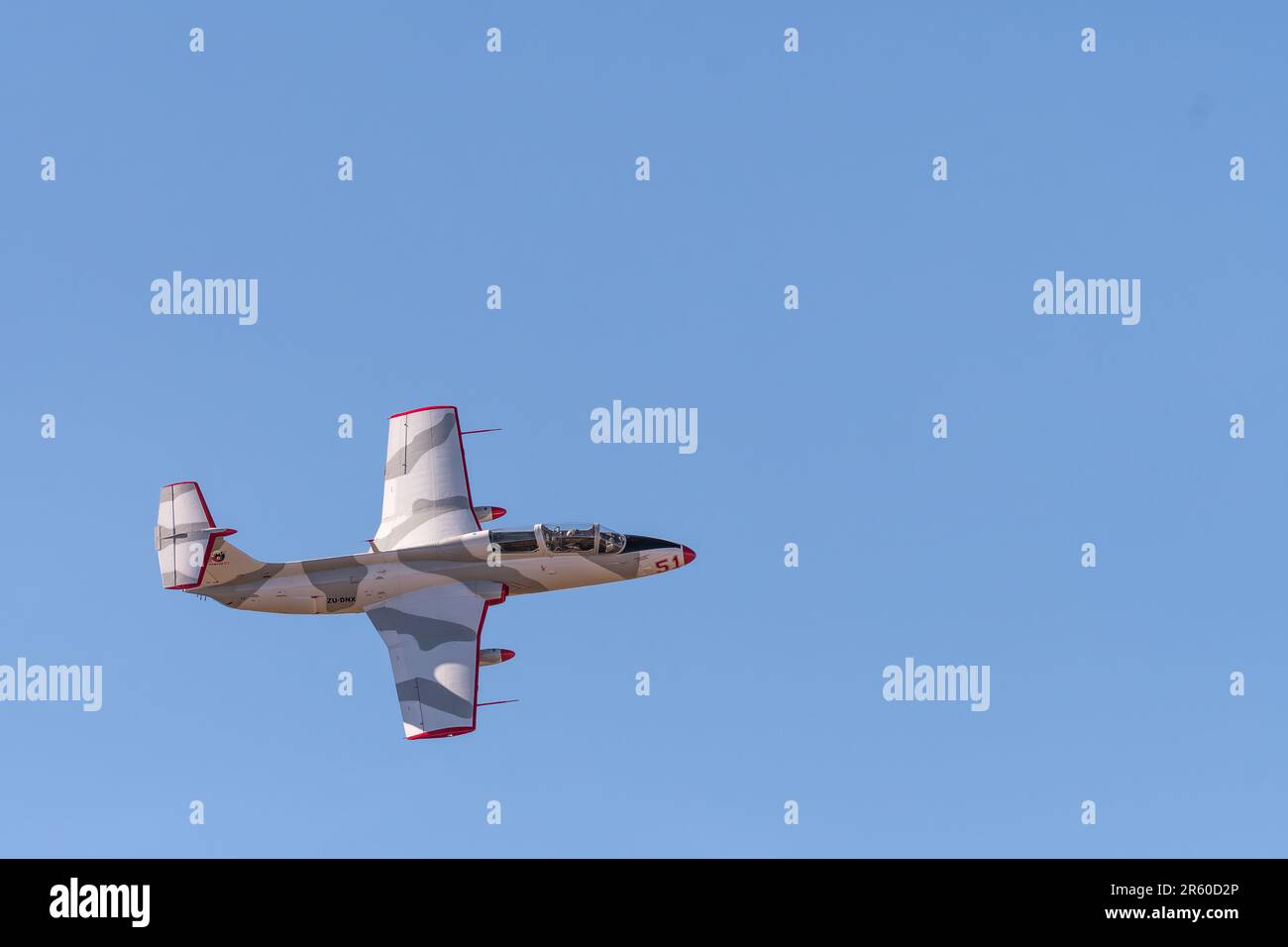 Bloemfontein, South Africa - May 20, 2023: Display by a Aero L-29 Delfin jet aircraft at the Tempe Airport in Bloemfontein Stock Photo