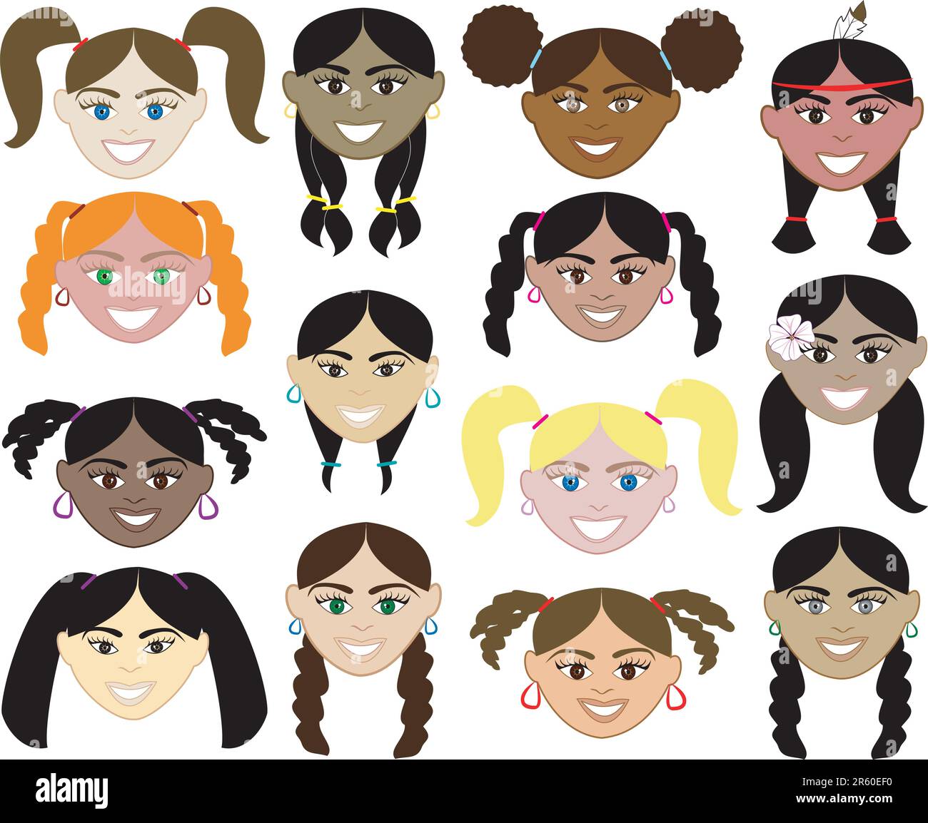 14 Girls Faces 2. Also with colorful background or plain and with men, women, children and boys. Stock Vector