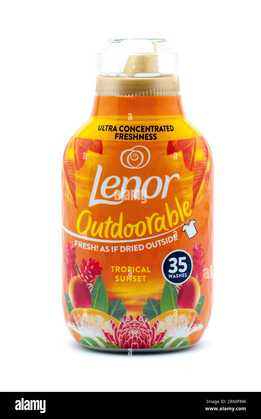 Bottle of Lenor Outdoorable fragrance Tropical Sunset 35 Washes Stock Photo