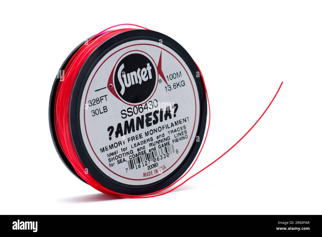 100 Meter Spool of Red Sunset Amnesia 13.6 kg Breaking Strain Memory Free Fishing  Line Monofilament made in the USA Stock Photo - Alamy