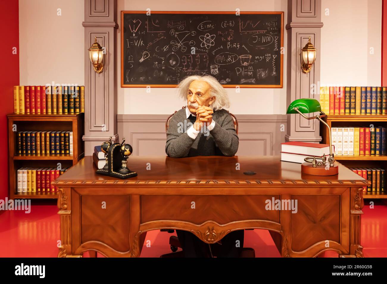 Wax figure of Albert Einstein in his office. Krasnaya Polyana, Sochi, Russia - October 13, 2021. Stock Photo