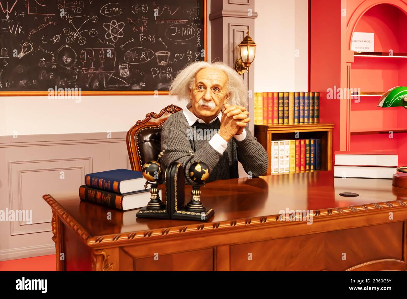 Wax figure of Albert Einstein in his office. Krasnaya Polyana, Sochi, Russia - October 13, 2021. Stock Photo