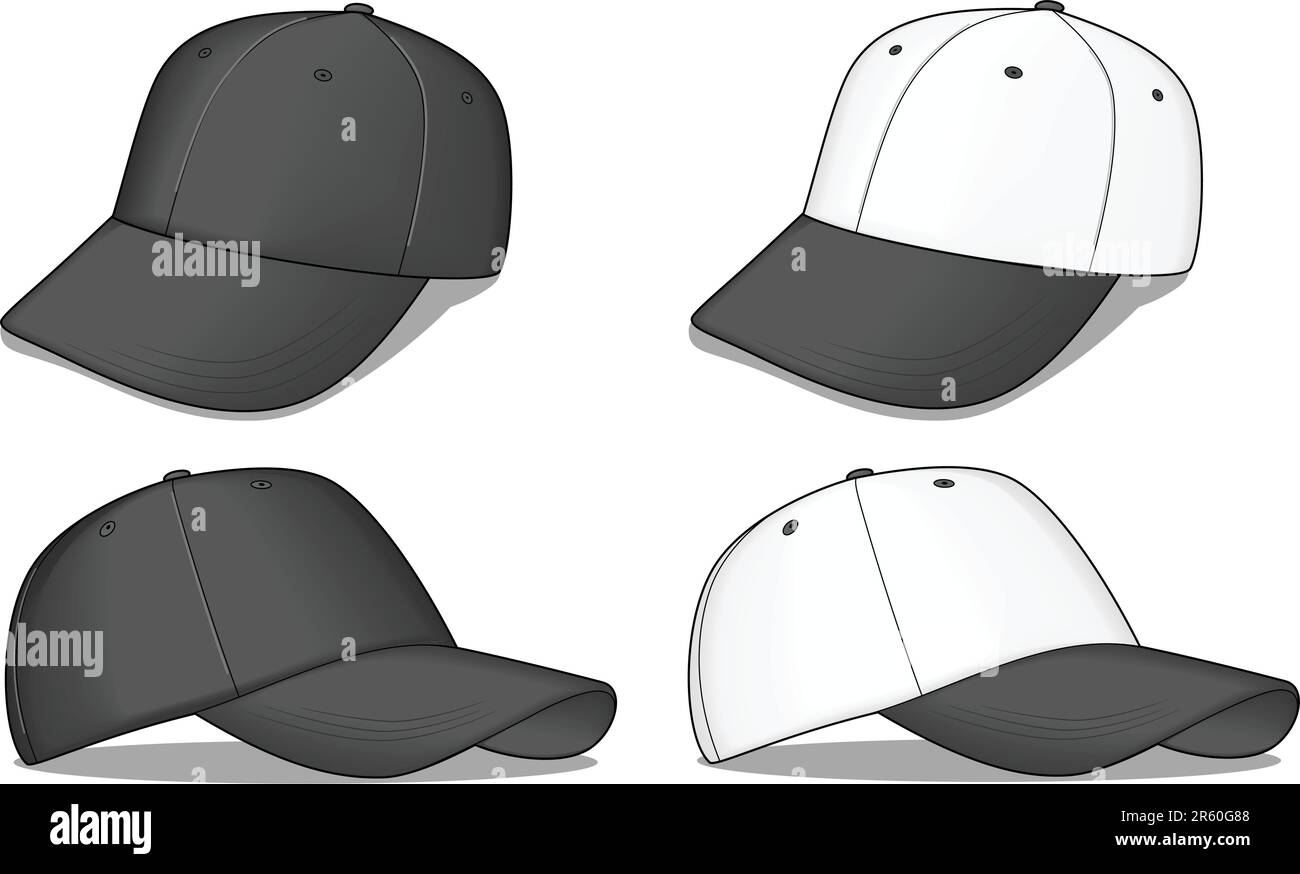 This is a set of black and white baseball caps they are vector