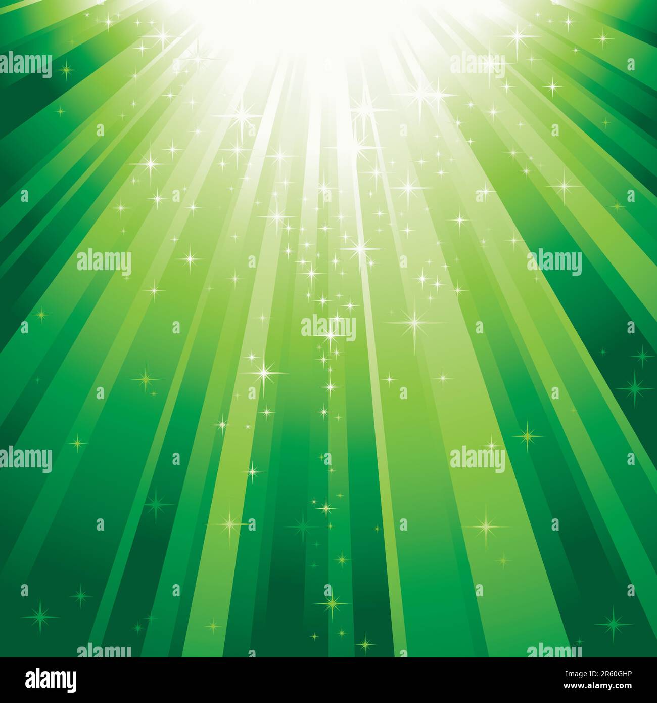 Festive square abstract background with stars descending on rays of green light. 7 global colors, background controlled by 1 linear gradient. Stock Vector