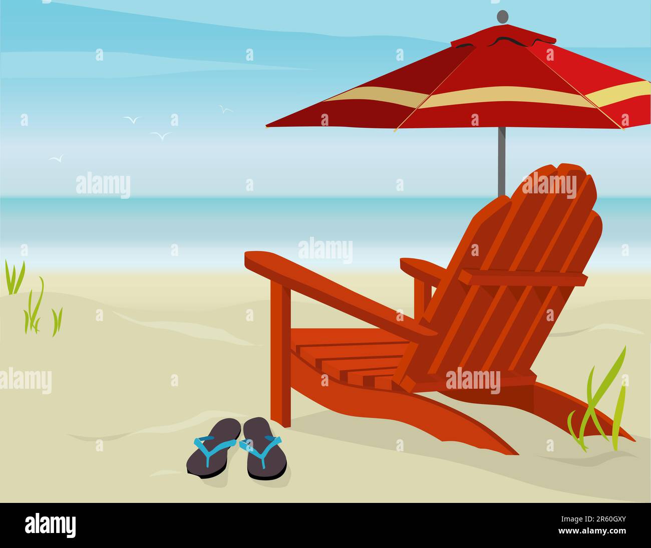 Adirondack Chair and Market Umbrella at beach; Easy-edit layered file. Stock Vector