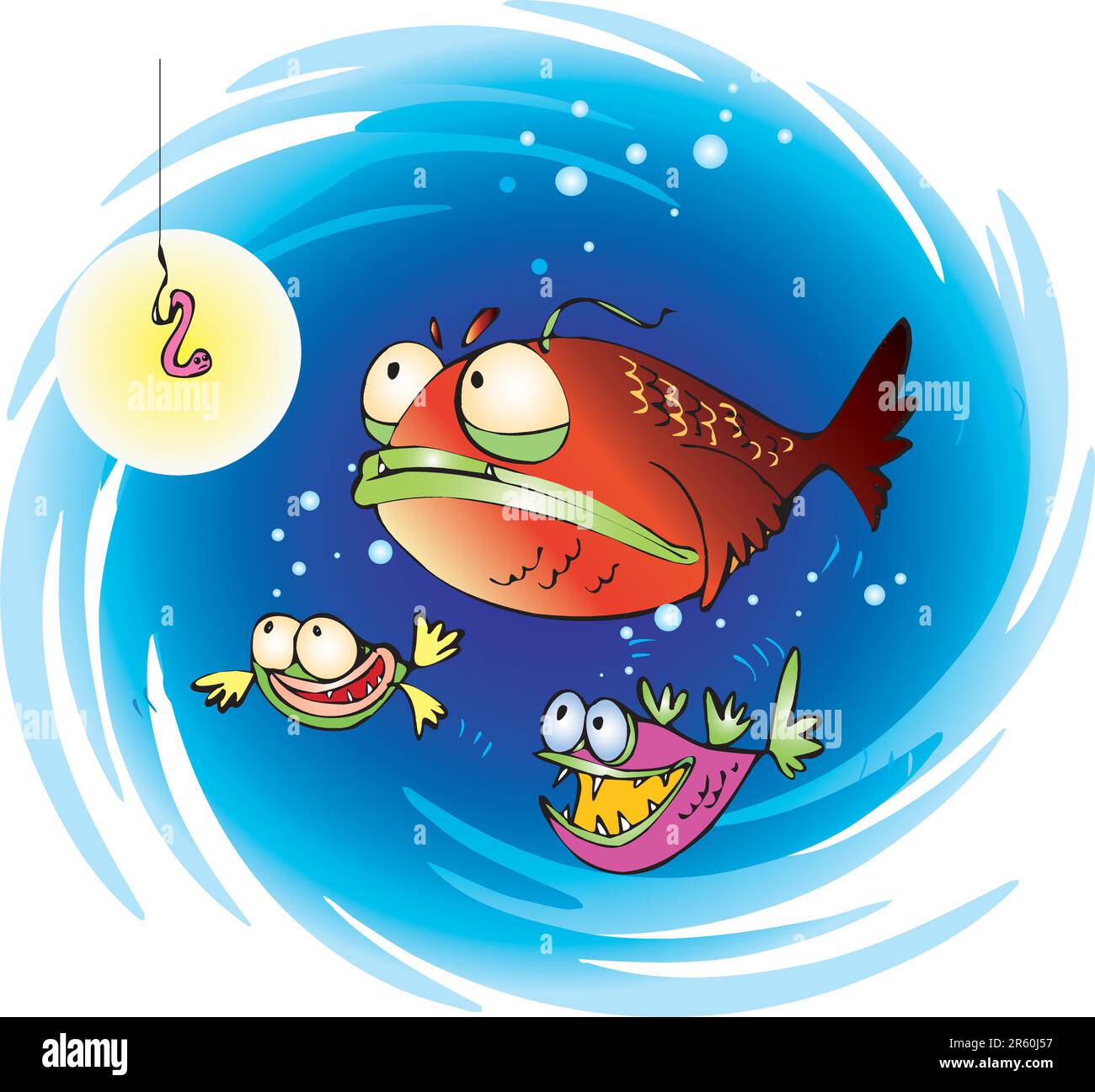 Cartoon of three fish looking at bait Stock Vector