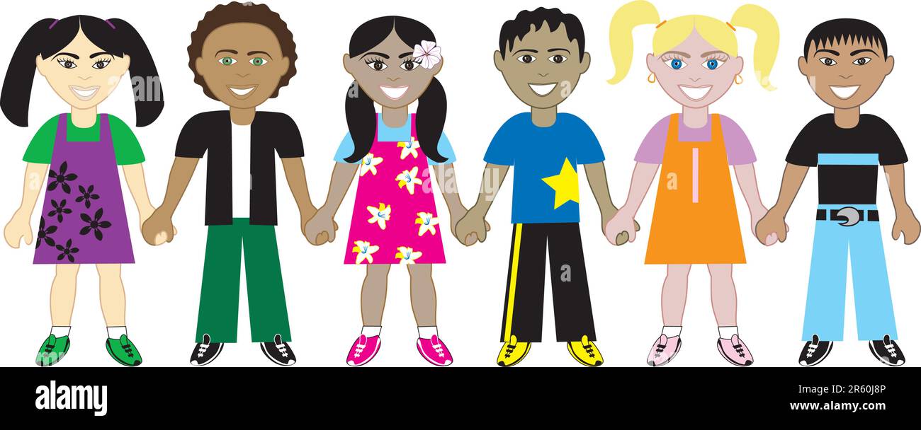 Vector of Six Kids from around the world holding hands in unity. Diversity Fully editable. Stock Vector