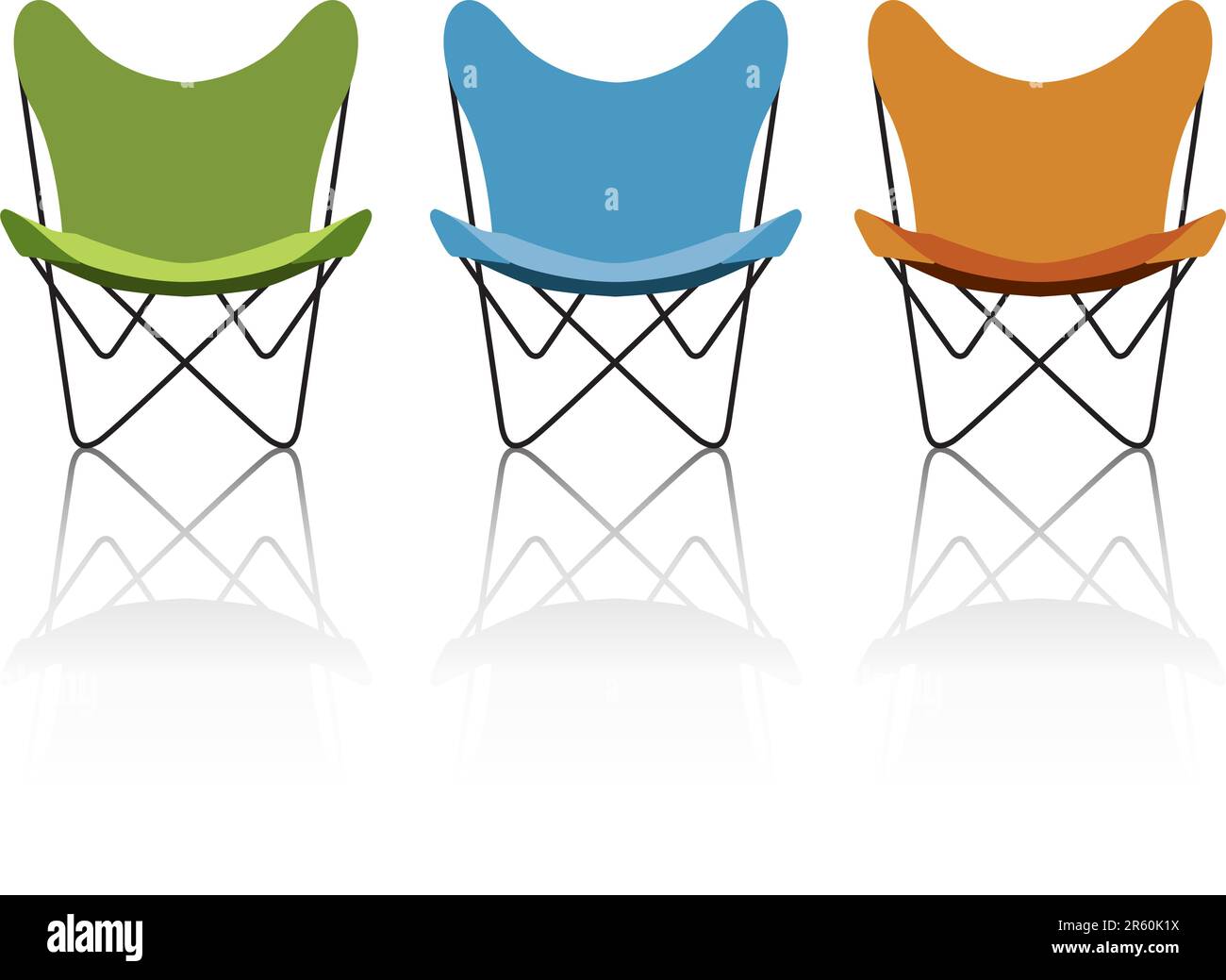 Trio of vintage/retro butterfly chairs with reflection; easy-edit file makes changing the chair colors simple. Stock Vector