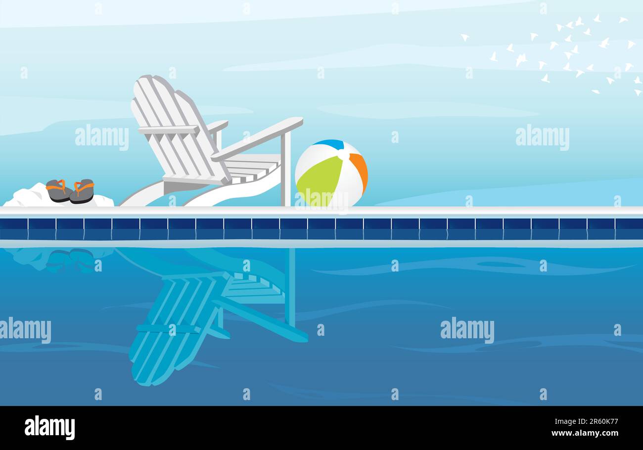 Relaxing depiction of swimming pool and Adirondack Chair; With Flip Flops, beach ball and a flock of birds Stock Vector