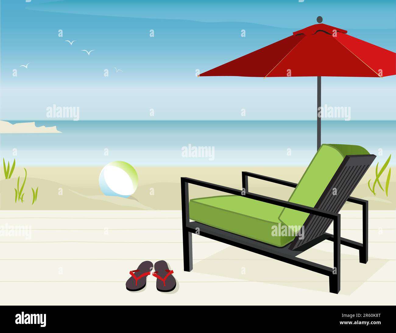 Modern Chair and Market Umbrella at beach; Easy-edit layered file. Stock Vector