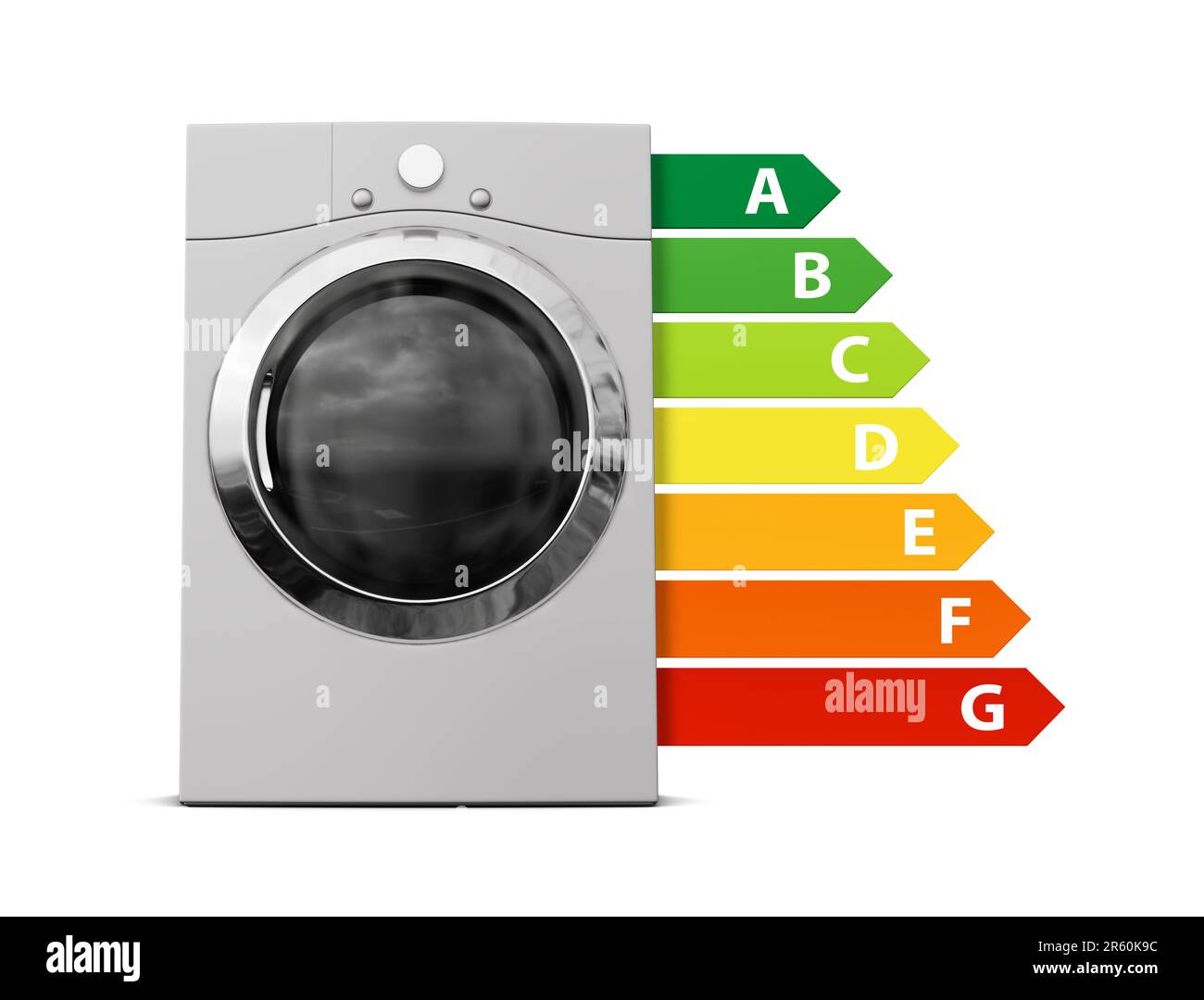 Washing machine with energy efficiency classes. European Union energy label. Render 3d. Isolated
