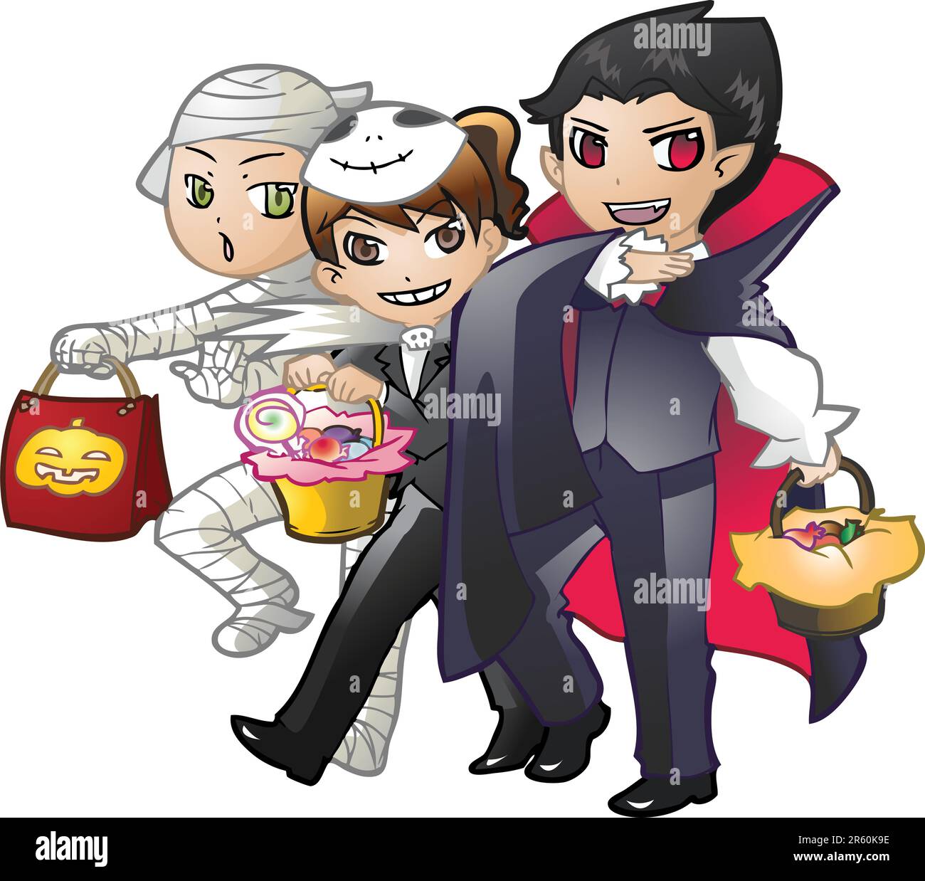 3 childrens wearing costume (mummy, skeleteon, dracula) ready to treack or treat Stock Vector