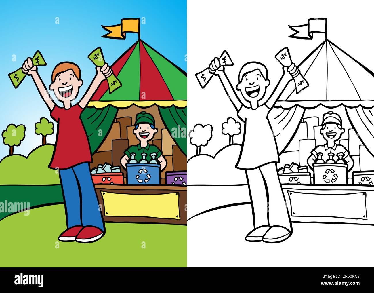 Cartoon image of a guy getting money for recycling - both color and black / white versions. Stock Vector