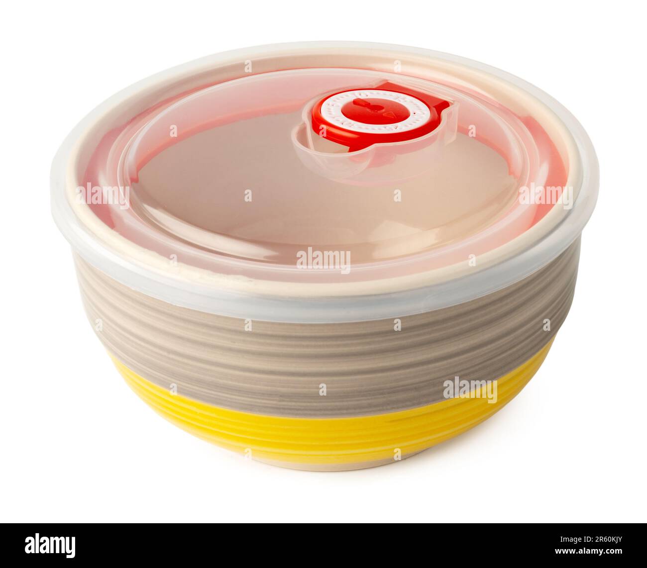 Ceramic bowl with plastic lid on white background Stock Photo Alamy