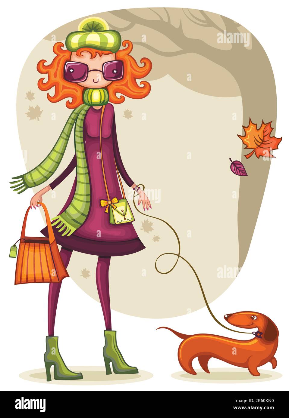 Whimsical shopping girl with dachshund in the autumn park. Stock Vector
