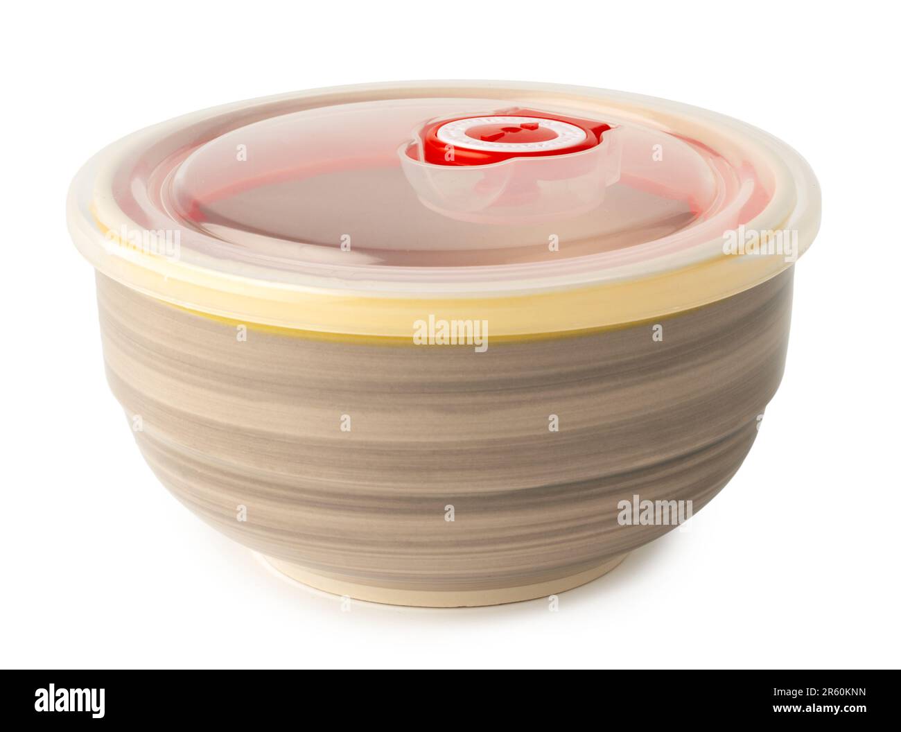 Ceramic bowl with plastic lid on white background Stock Photo Alamy