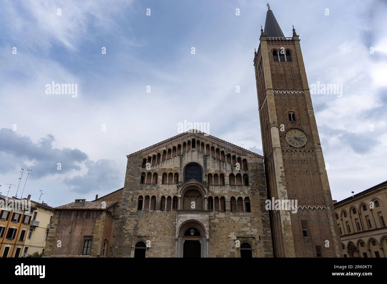 Parma, Italy - june 3 2023 - Panorama of Piazza Duomo with Cathedral Stock Photo