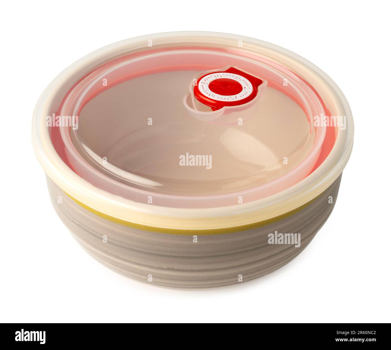 Ceramic bowl with plastic lid on white background Stock Photo Alamy