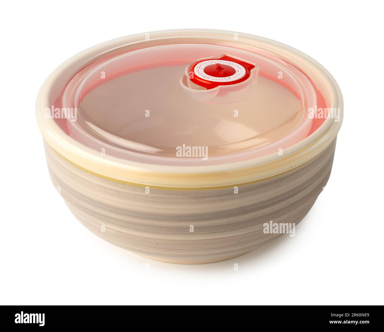 Ceramic bowl with plastic lid on white background Stock Photo Alamy