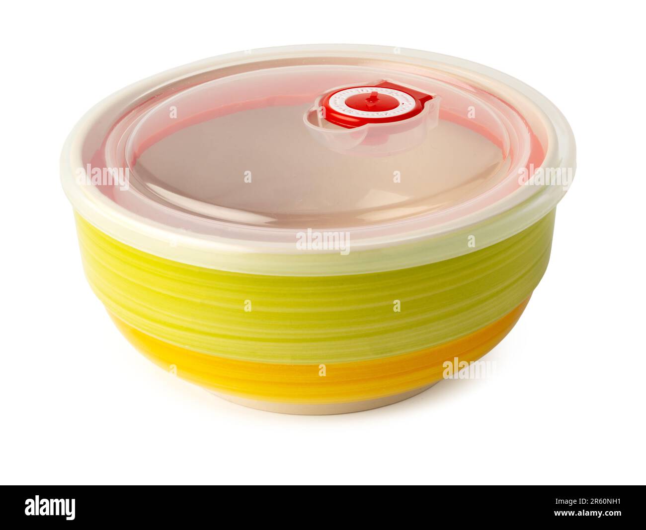 Ceramic bowl with plastic lid on white background Stock Photo Alamy