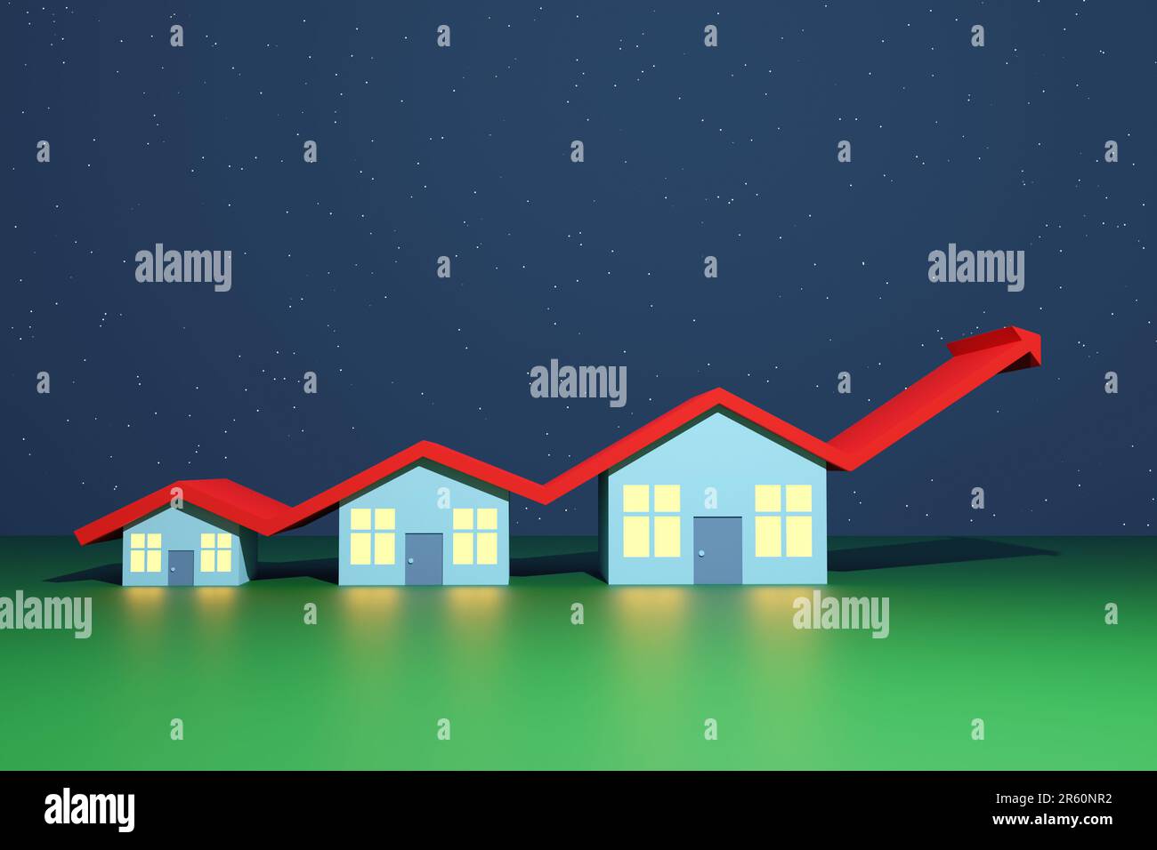 Red upward trend arrows forming the roof of small, medium and large ...
