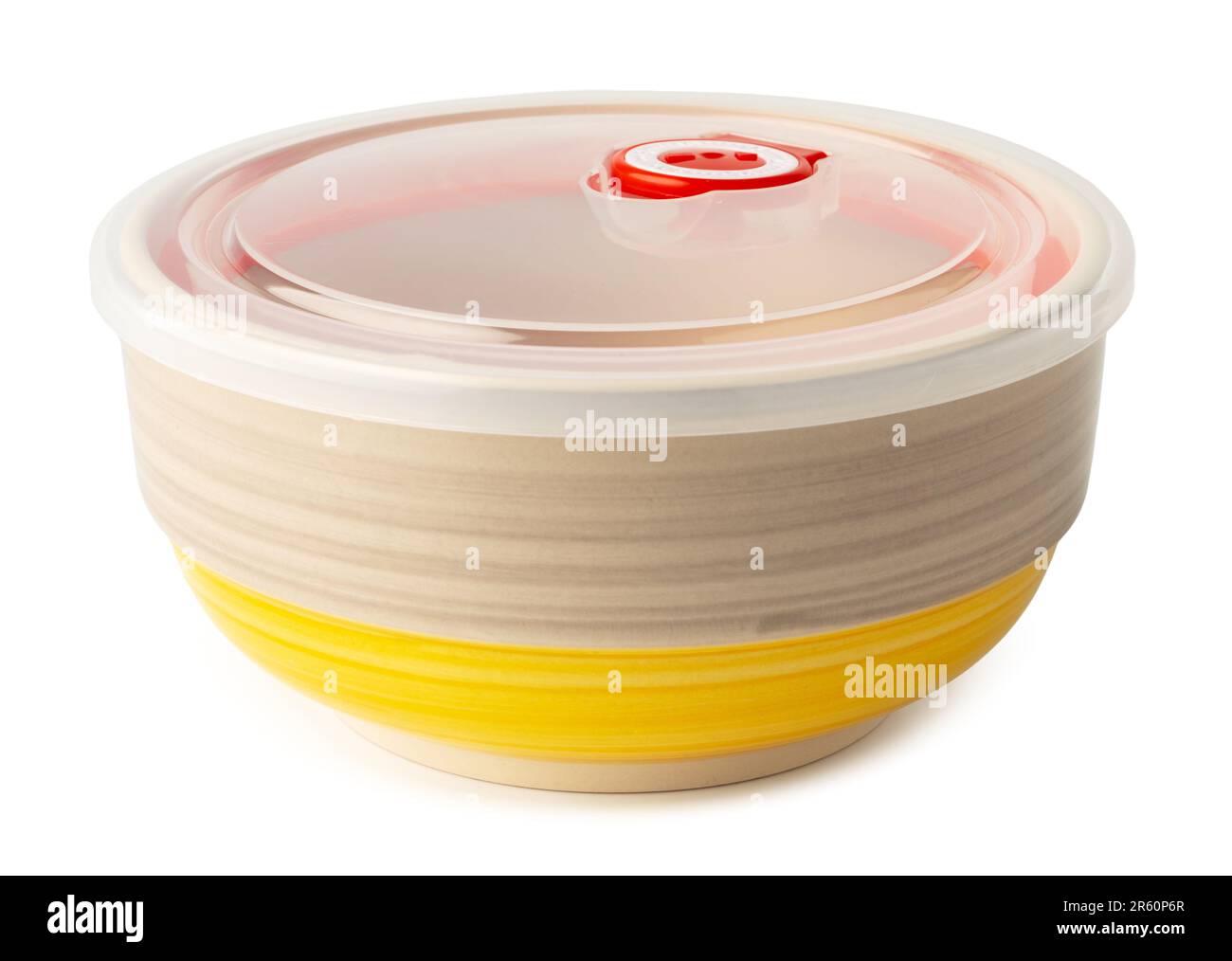 Ceramic bowl with plastic lid on white background Stock Photo Alamy