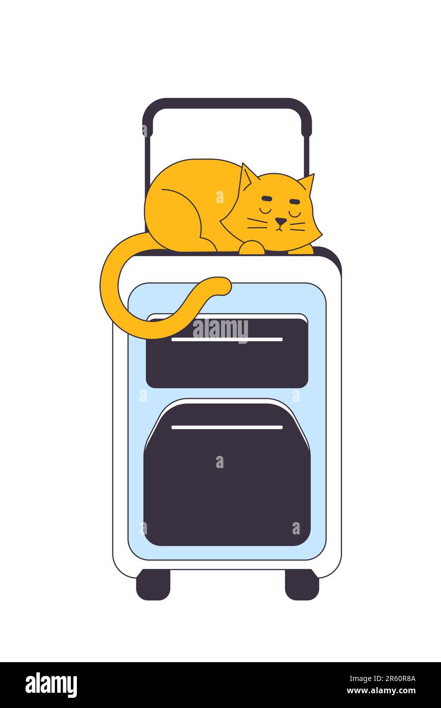 Cat sleeping on suitcase flat line vector spot illustration Stock Vector