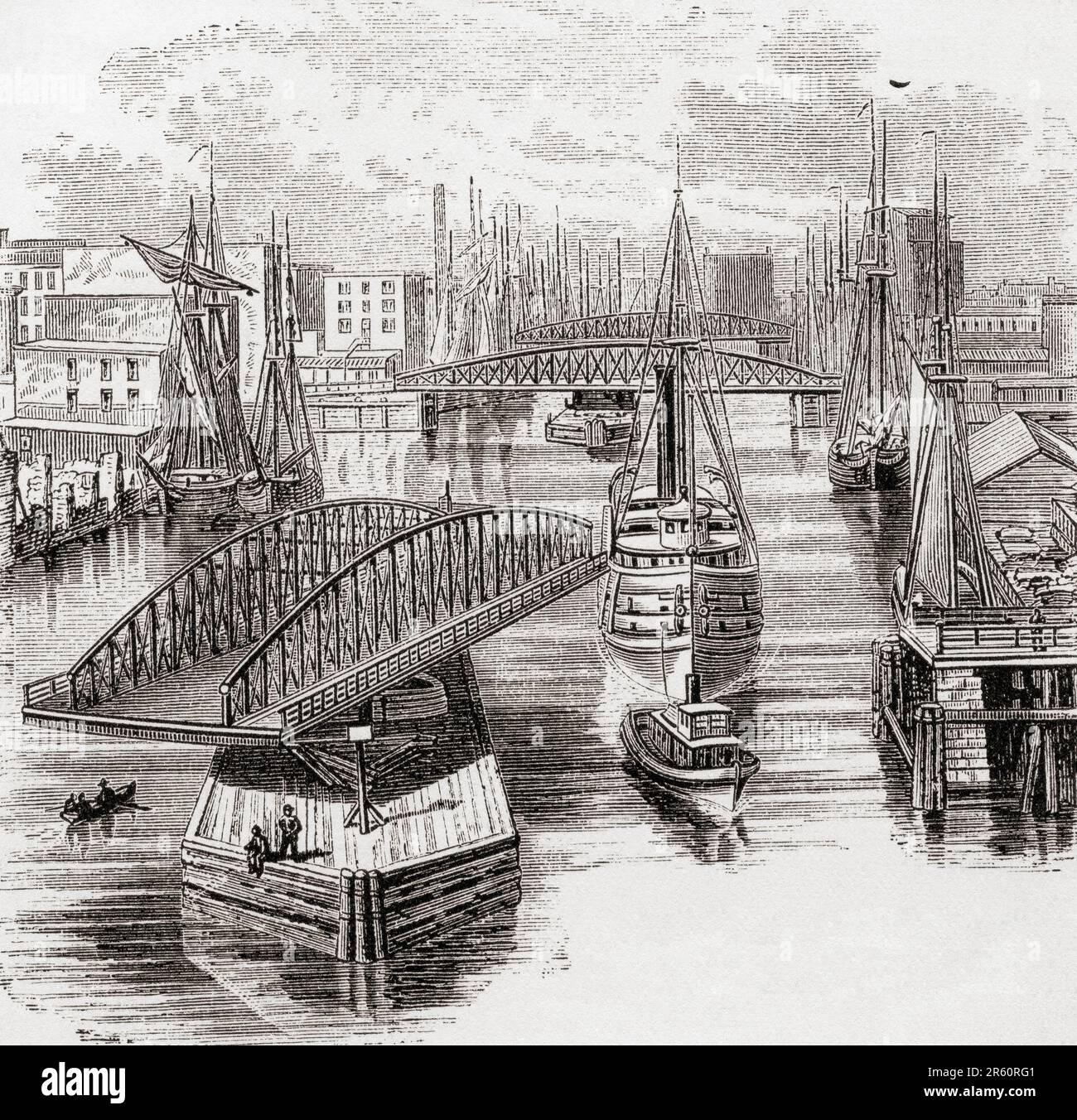 Swinging bridges over the Chicago River, USA, seen here in the 19th century.  From America Revisited: From The Bay of New York to The Gulf of Mexico, published 1886. Stock Photo
